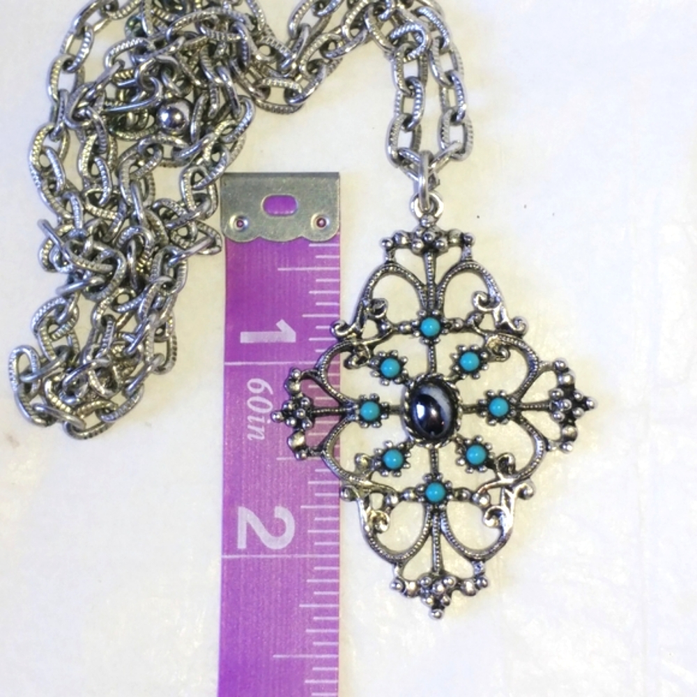AVON MIRABELLA SET - VINTAGE FAUX TURQUOISE & HEMATITE NECKLACE & EARRINGS - Picture 8 of 11